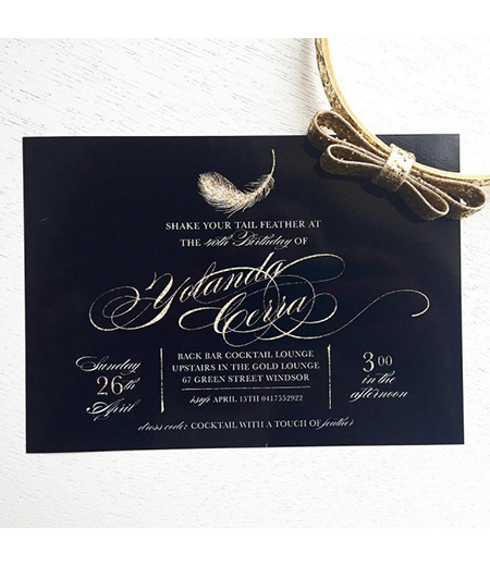 Feather Black and Gold 40th Birthday Party or Bachelorette Party Printable Invitation