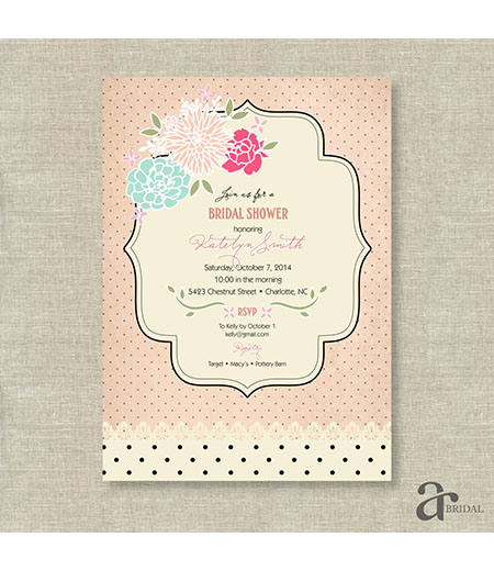Shabby Chic Vintage Rose and Polka Dot Bridal Shower Printable Invitation - Jaci - Blush Pink