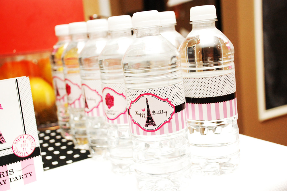 Paris Theme Birthday Water Bottle Labels