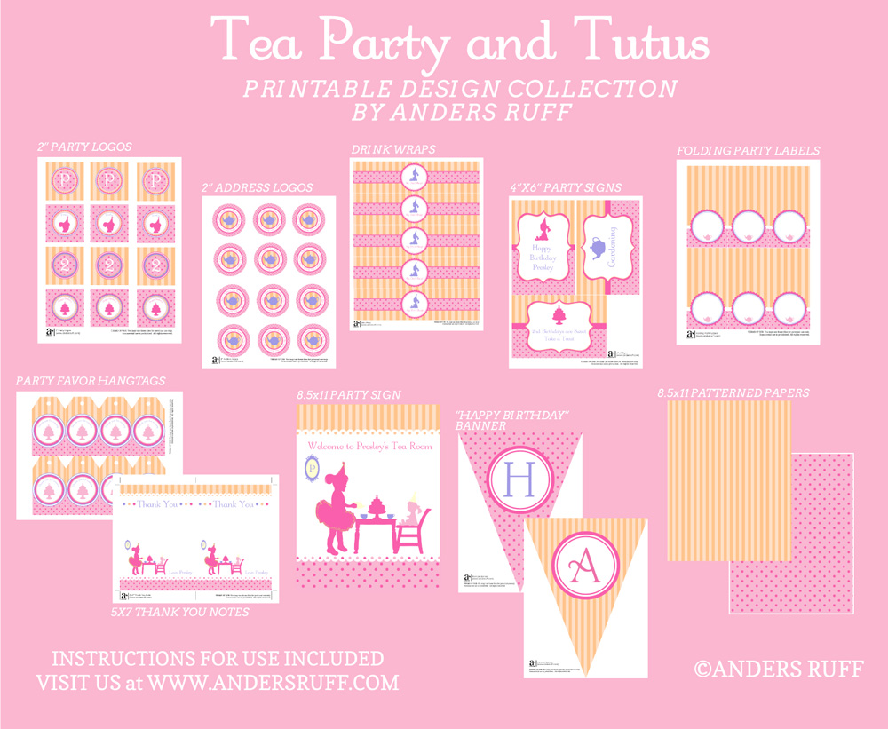 Tea Party with Baby Dolls and Tutus Birthday Party Printable Collection -  Pink Lavender and Peach