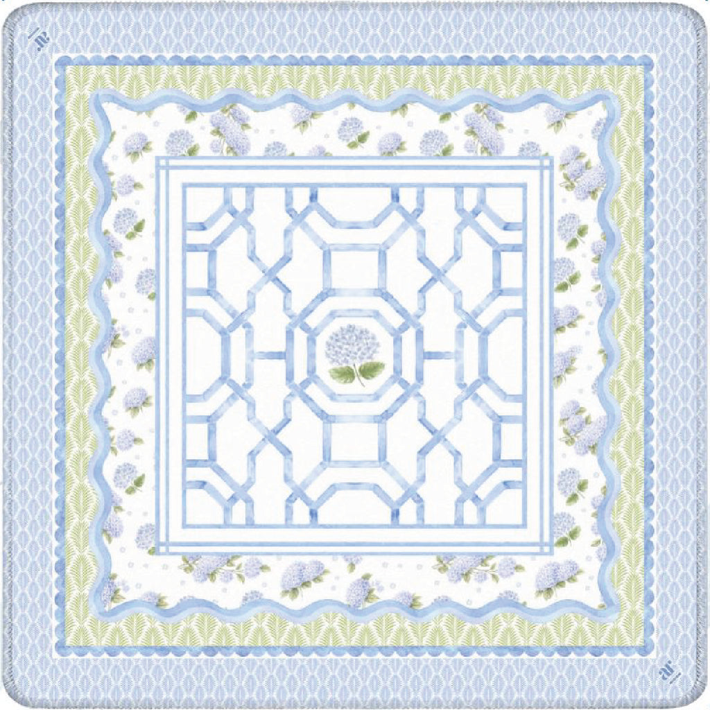 A square decorative textile or mat featuring a light blue geometric lattice pattern in the center, surrounded by white, pale green, and light blue floral and border motifs.
