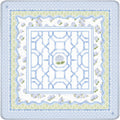 A square decorative textile or mat featuring a light blue geometric lattice pattern in the center, surrounded by white, pale green, and light blue floral and border motifs.