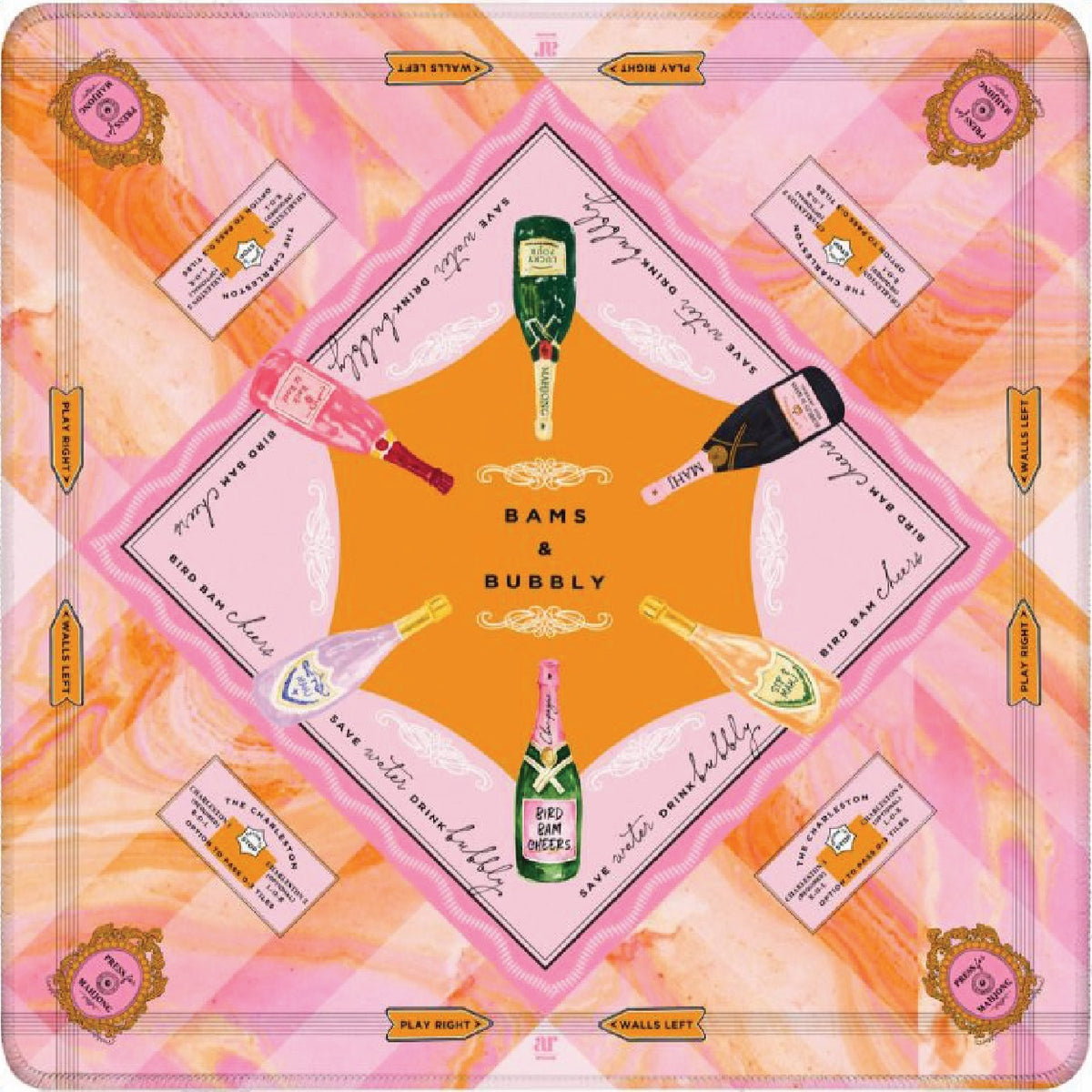Playful Anders Ruff Bams and Bubbly Mahjong Mat with champagne bubbles.