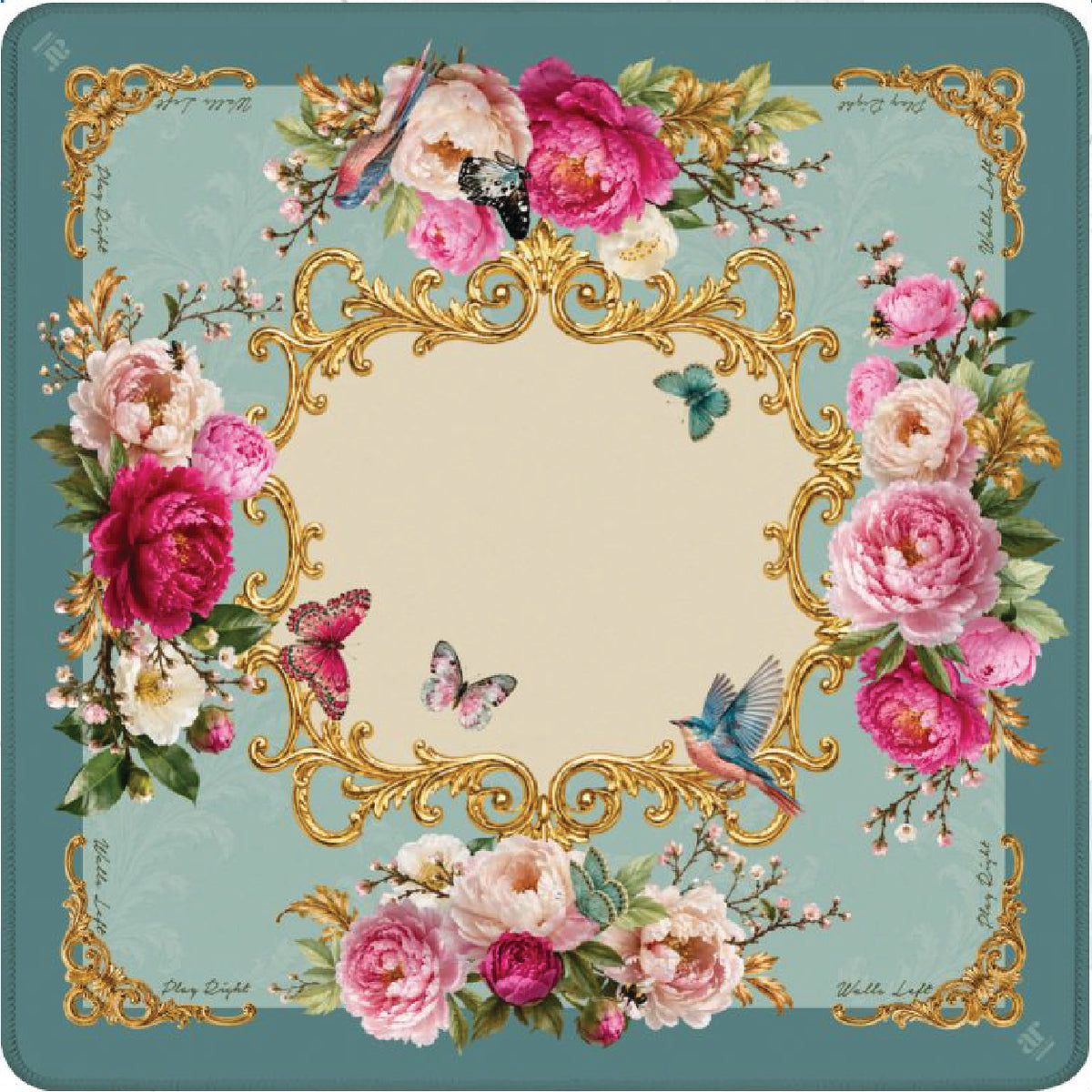 Cream Mahjong mat with blush floral pattern and stitched edges.