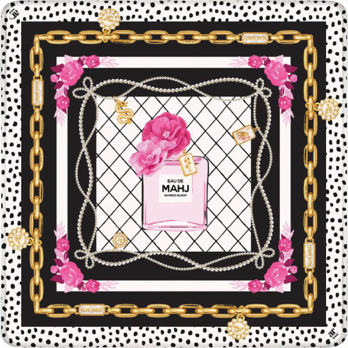 Soft fabric Mahjong mat with fragrance-label motif in blush and cream.